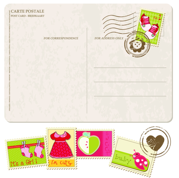 free vector Postcards stamps with cartoon 01 vector